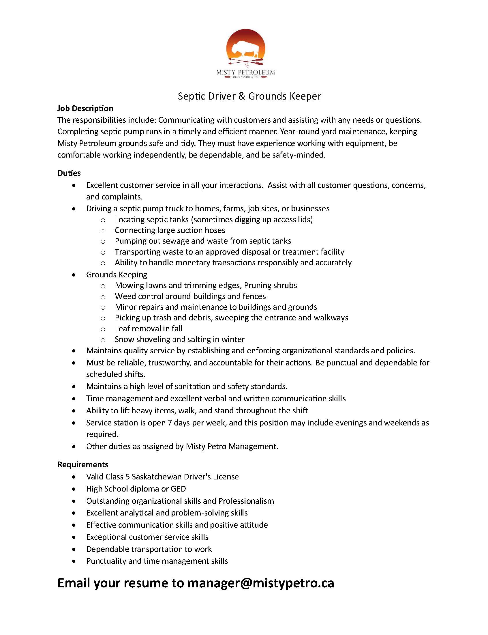 Septic Driver & Grounds Keeper | Mistawasis Nêhiyawak